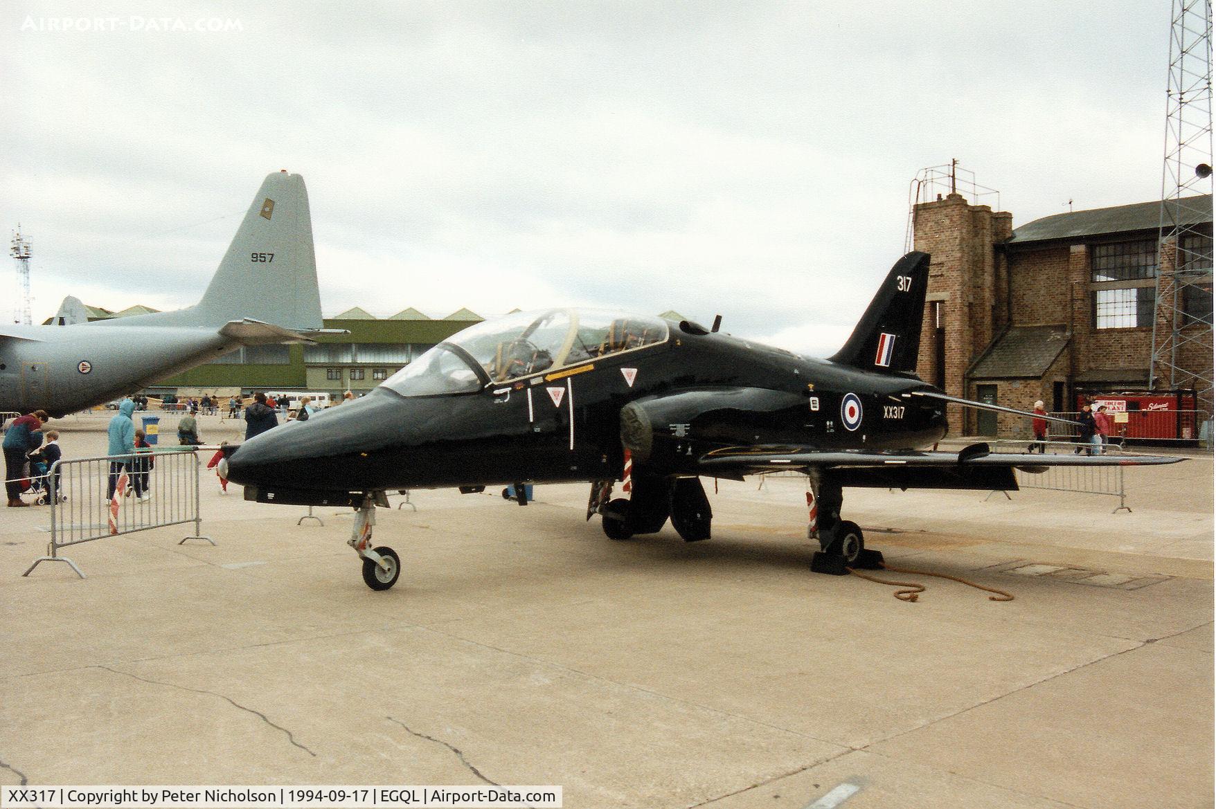 XX317, 1980 Hawker Siddeley Hawk T.1A C/N 159/312142, Hawk T.1A of 208(Reserve) Squadron at RAF Valley on display at the 1994 RAF Leuchars Airshow.