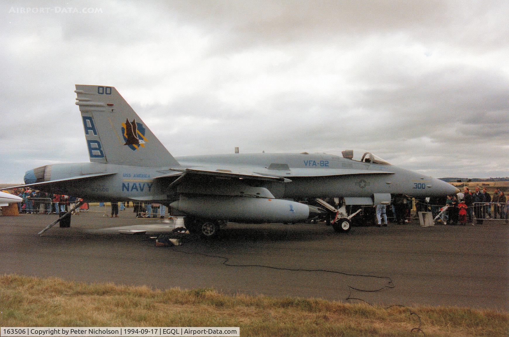 163506, 1988 McDonnell Douglas F/A-18C Hornet C/N 0752/C059, F/A-18C Hornet of Attack Squadron VFA-82 aboard USS America in CVW-1 CAG special markings on display at the 1994 RAF Leuchars Airshow.
