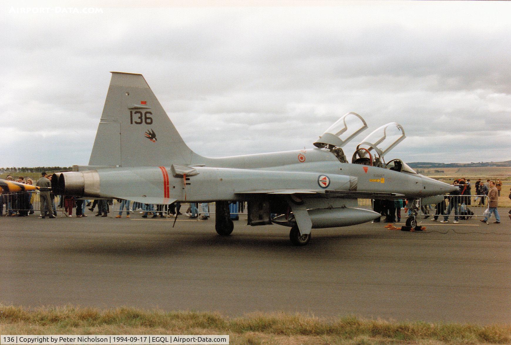 136, 1969 Northrop F-5B Freedom Fighter C/N N.9014, F-5B Freedom Fighter of the Royal Norwegian Air Force on display at the 1994 RAF Leuchars Airshow.
