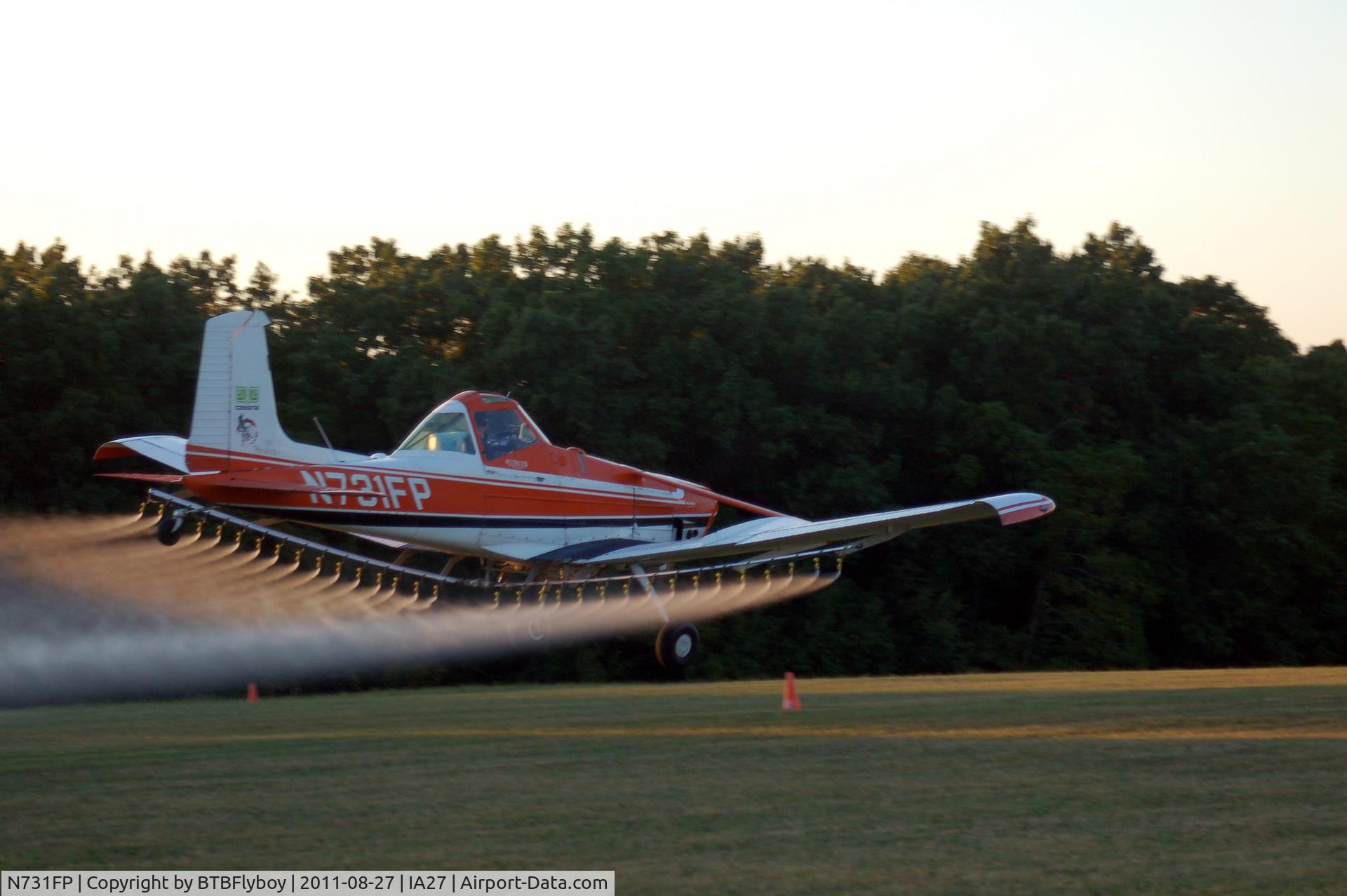 N731FP, 1977 Cessna A188B C/N 18802864T, Spraying for mosquitoes in preparation for the 2011 AAA/APM Invitational Fly-in at Antique Airfield near Blakesburg, IA