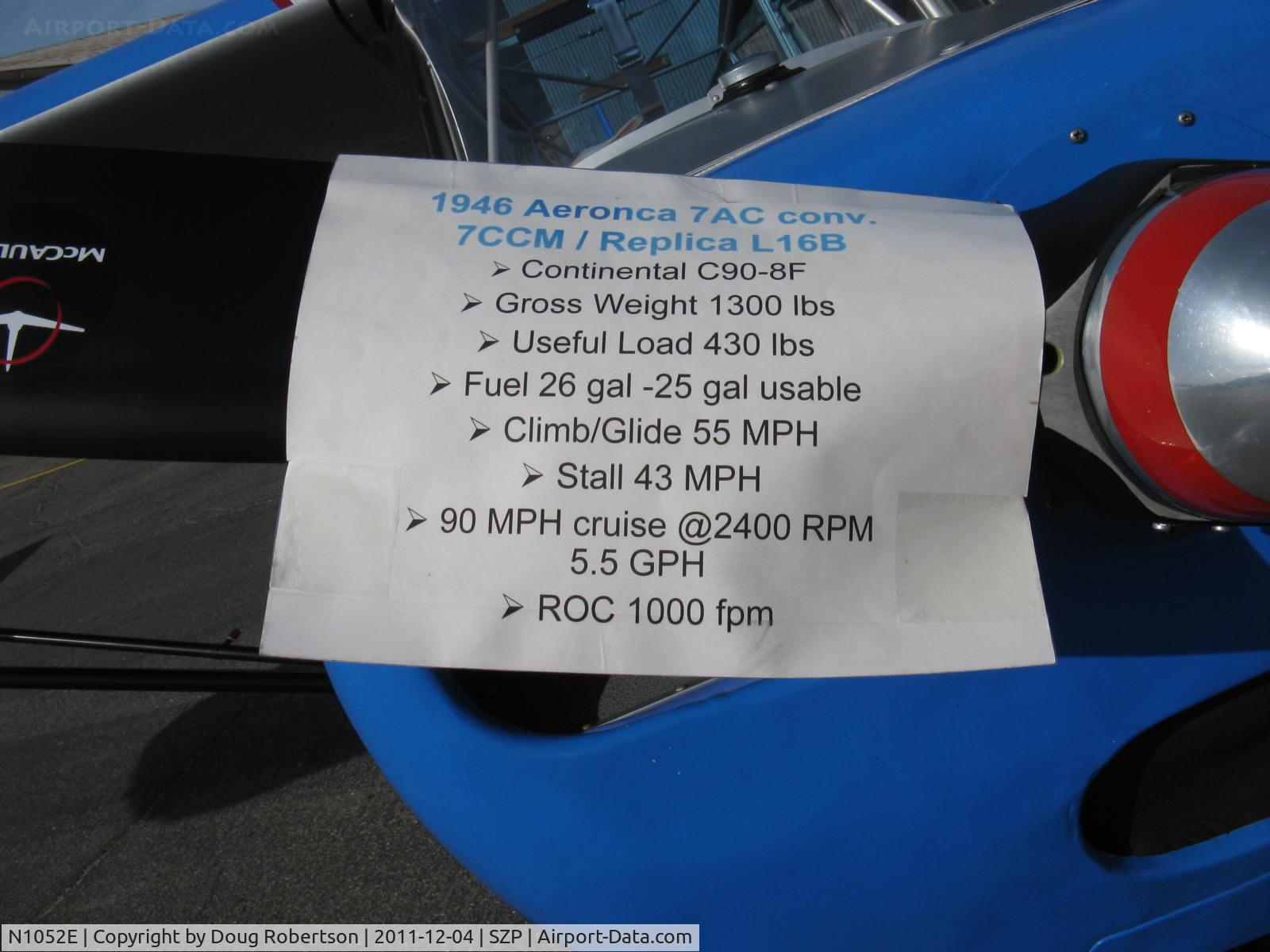 N1052E, 1946 Aeronca 7AC Champion C/N 7AC-4603, 1946 Aeronca 7AC CHAMPION converted to 7CCM/L-16B Replica, Continental C90-8F 90 Hp, aircraft data