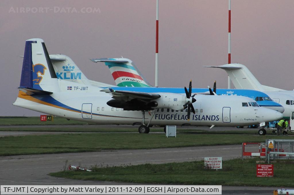 TF-JMT, 1992 Fokker 50 C/N 20250, Arriving at EGSH for spray.