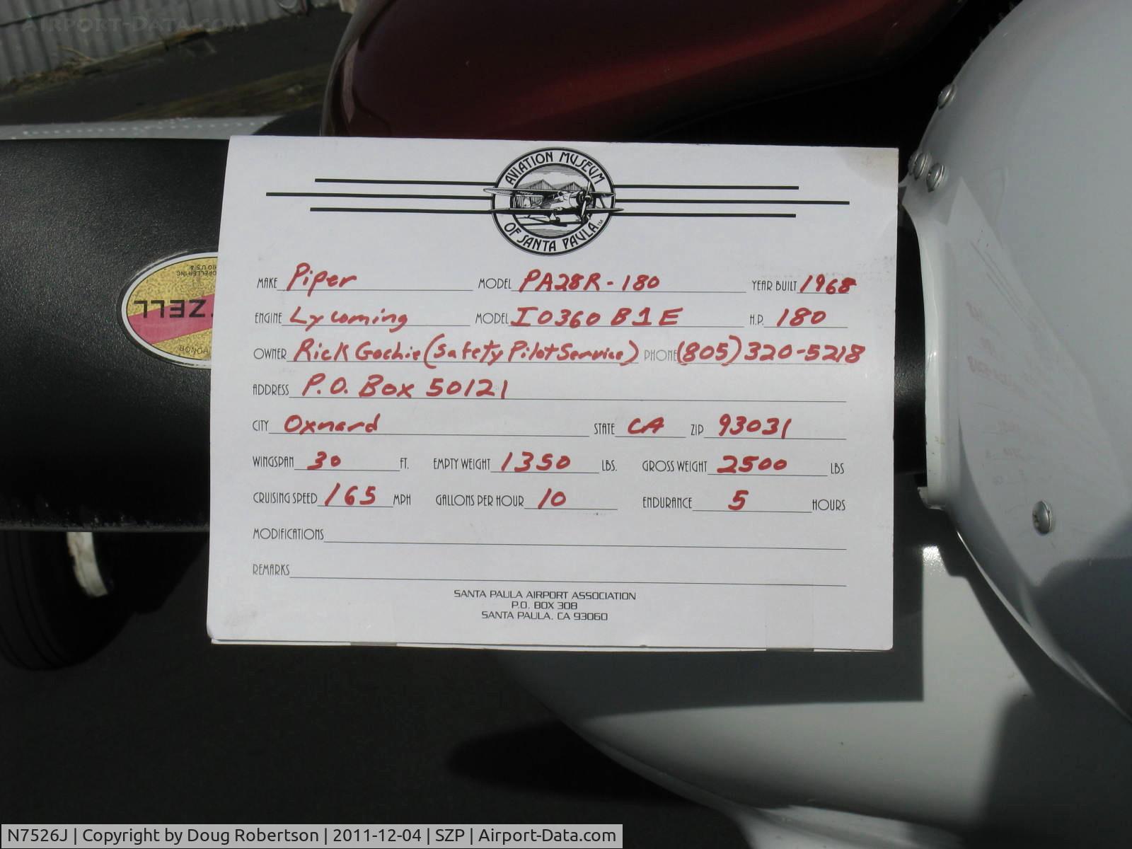 N7526J, 1968 Piper PA-28R-180 Cherokee Arrow C/N 28R-30897, 1968 Piper PA-28R-180 ARROW 180, Lycoming IO-360-B1E 180 Hp, data