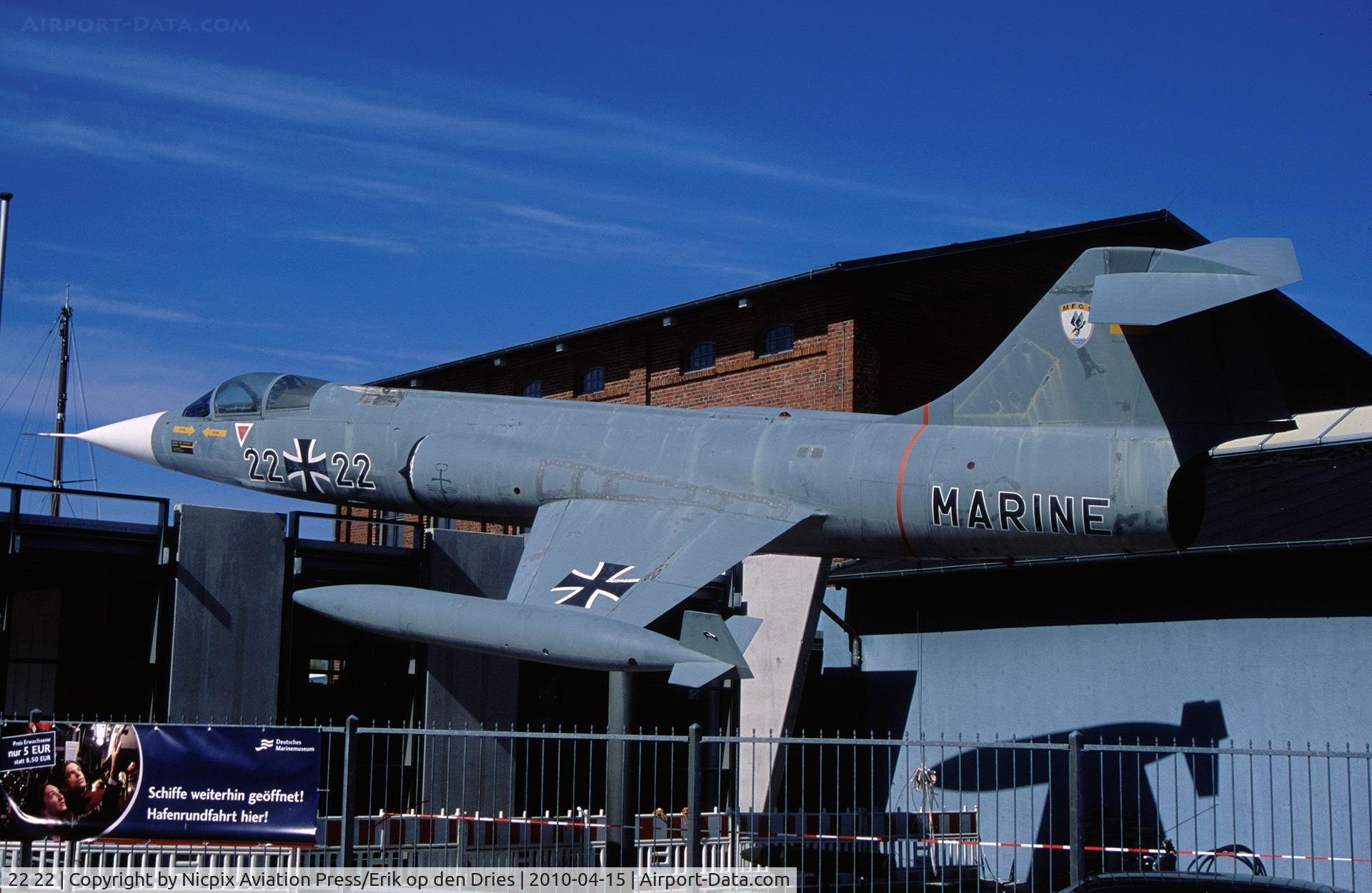 22 22, Lockheed F-104G Starfighter C/N 683-9035, F-104G 2222 is preserved at the Naval Museum in Wilhelmshaven, Germany. Its' correct registration is 2574.