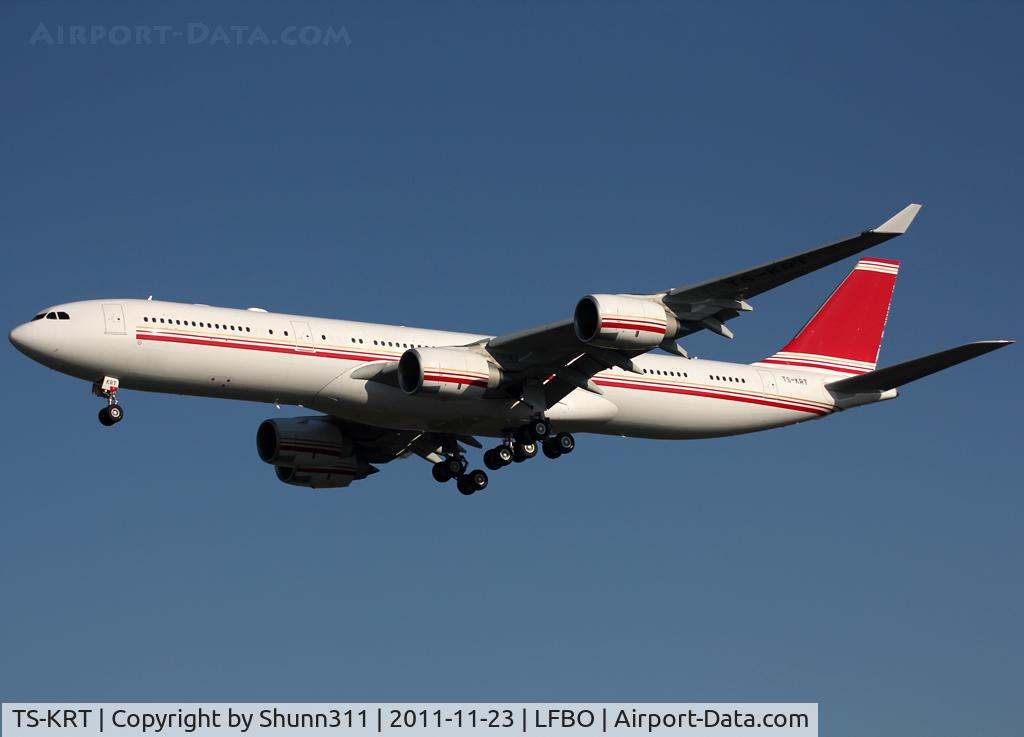 TS-KRT, 2008 Airbus A340-542 C/N 902, Passing throught LFBO Airport for a go around...