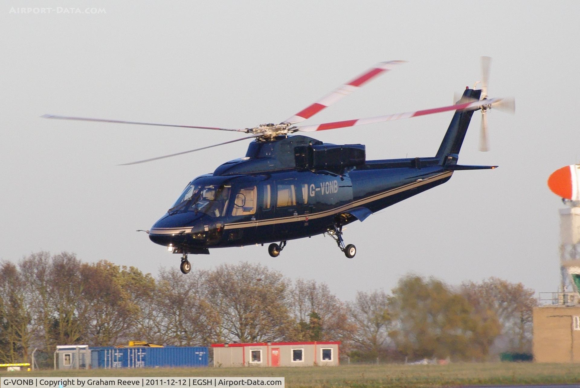 G-VONB, 1992 Sikorsky S-76B C/N 760399, Departing from Norwich.