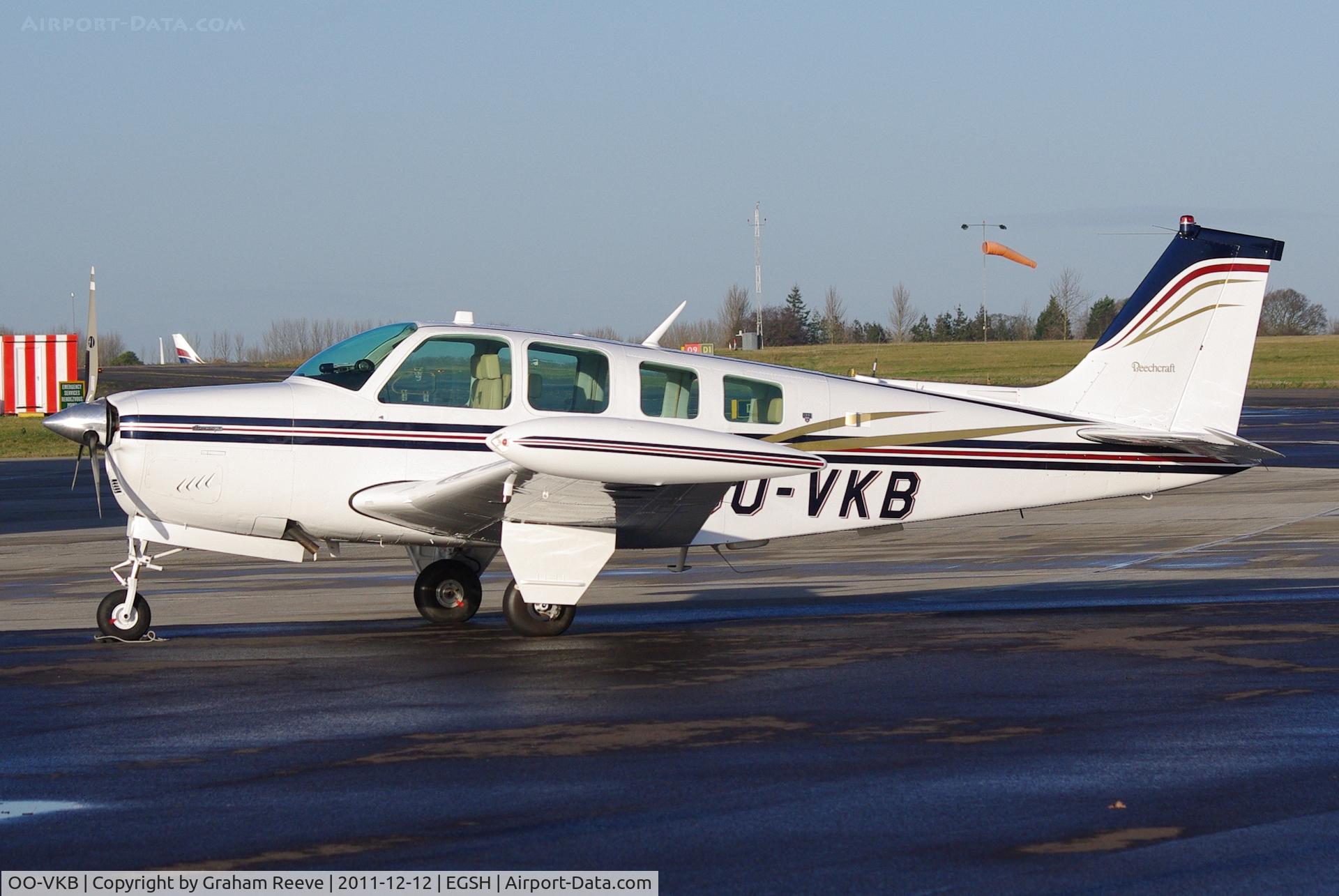 OO-VKB, 1977 Beech A36 Bonanza 36 C/N E-994, Parked at Norwich.