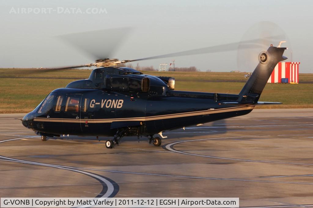 G-VONB, 1992 Sikorsky S-76B C/N 760399, Departing SaxonAir in the low evening sun.