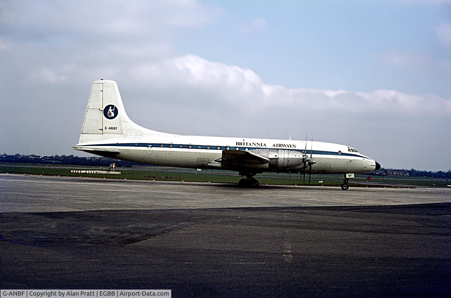 G-ANBF, 1956 Bristol 175 Britannia 102 C/N 12907, in Britannia Airways livery taxies for take-off. (1970s)