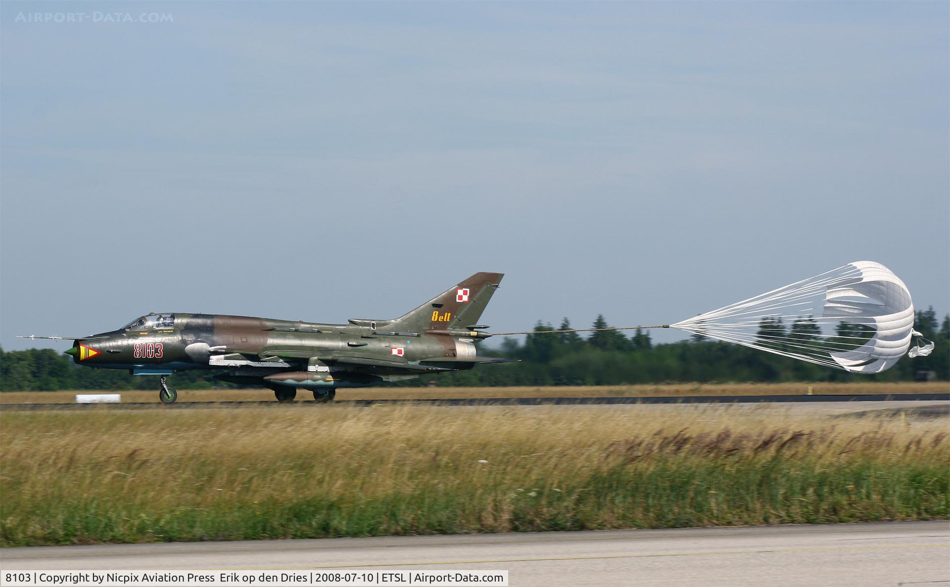 8103, Sukhoi Su-22M-4 C/N 28103, Poland participated in ELITE-2008 with Su-22 of 8 Wing. 8103 is seen here while landing at Lechfeld AB.