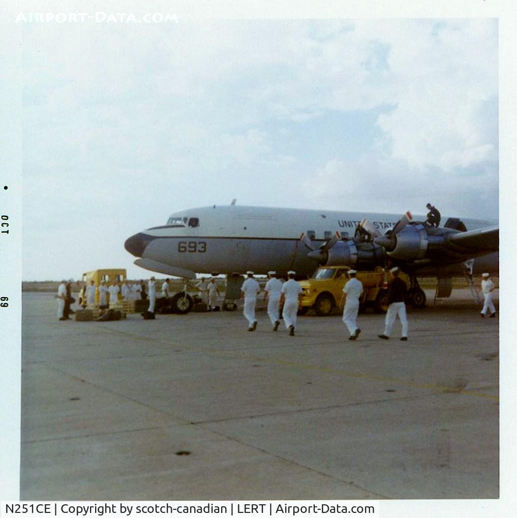 N251CE, 1953 Douglas C-118A Liftmaster (DC-6A) C/N 44612, 1953 Douglas C-118A Liftmaster, US Navy S/N 153693, Ex US Air Force 53-3241, now civil registry N251CE at Naval Air Station, Rota, Spain - 1969