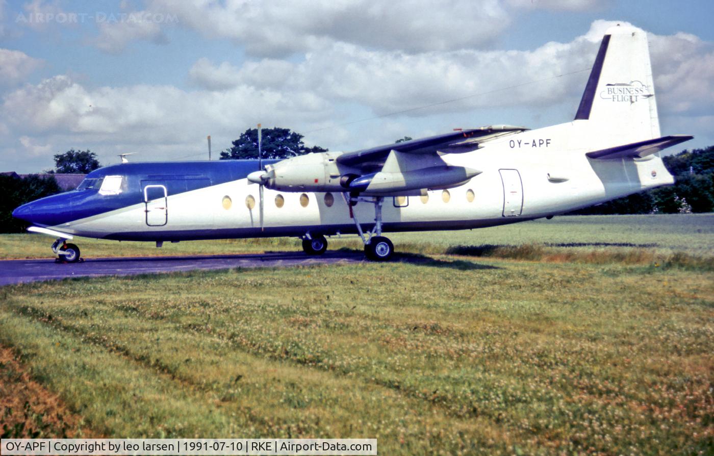 OY-APF, 1971 Fokker F-27-500 Friendship C/N 10459, Roskilde Denmark with long range fueltanks.
10.7.91