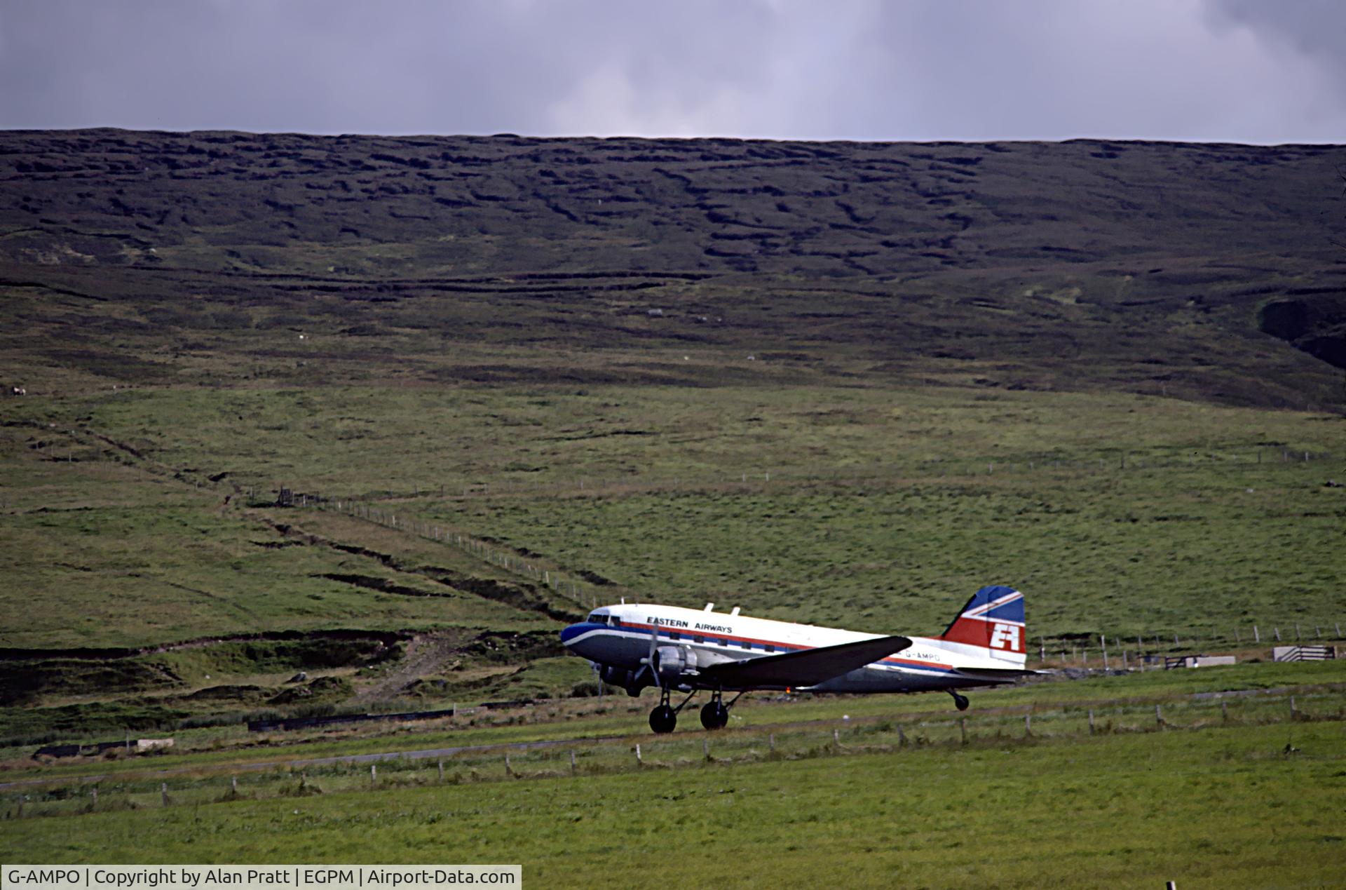 G-AMPO, 1944 Douglas DC-3C-R-1830-90C (C-47B) C/N 33186, In Eastern Airways livery arrives at airfield early 1980s