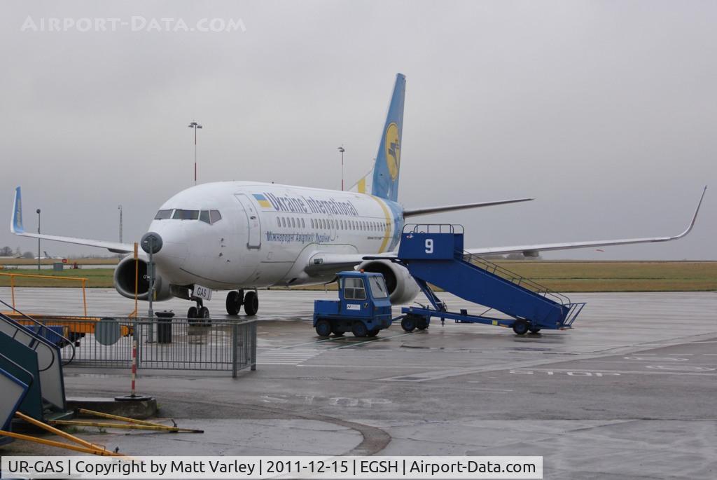 UR-GAS, 1993 Boeing 737-528 C/N 25236, Sat on stand 6 at EGSH