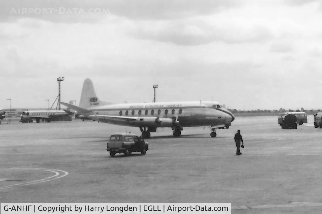 G-ANHF, 1955 Vickers Viscount 701C C/N 66, A BEA Vickers Viscount taxies to stand at Heathrow Airport, London in 1955.