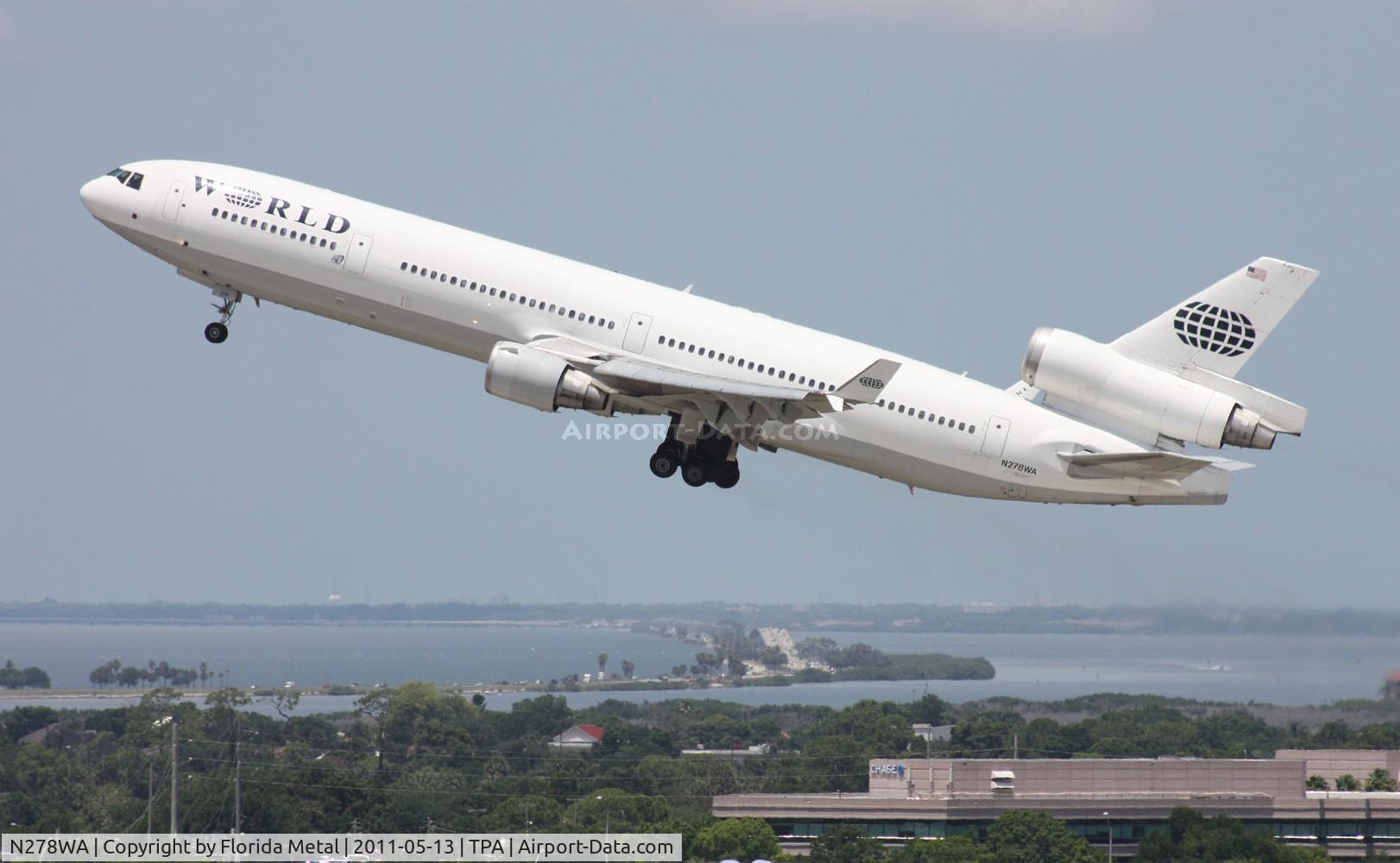N278WA, 1996 McDonnell Douglas MD-11 C/N 48746, World MD-11 using barely any runway to take off - Courtney Campbell Causeway to Clearwater in background