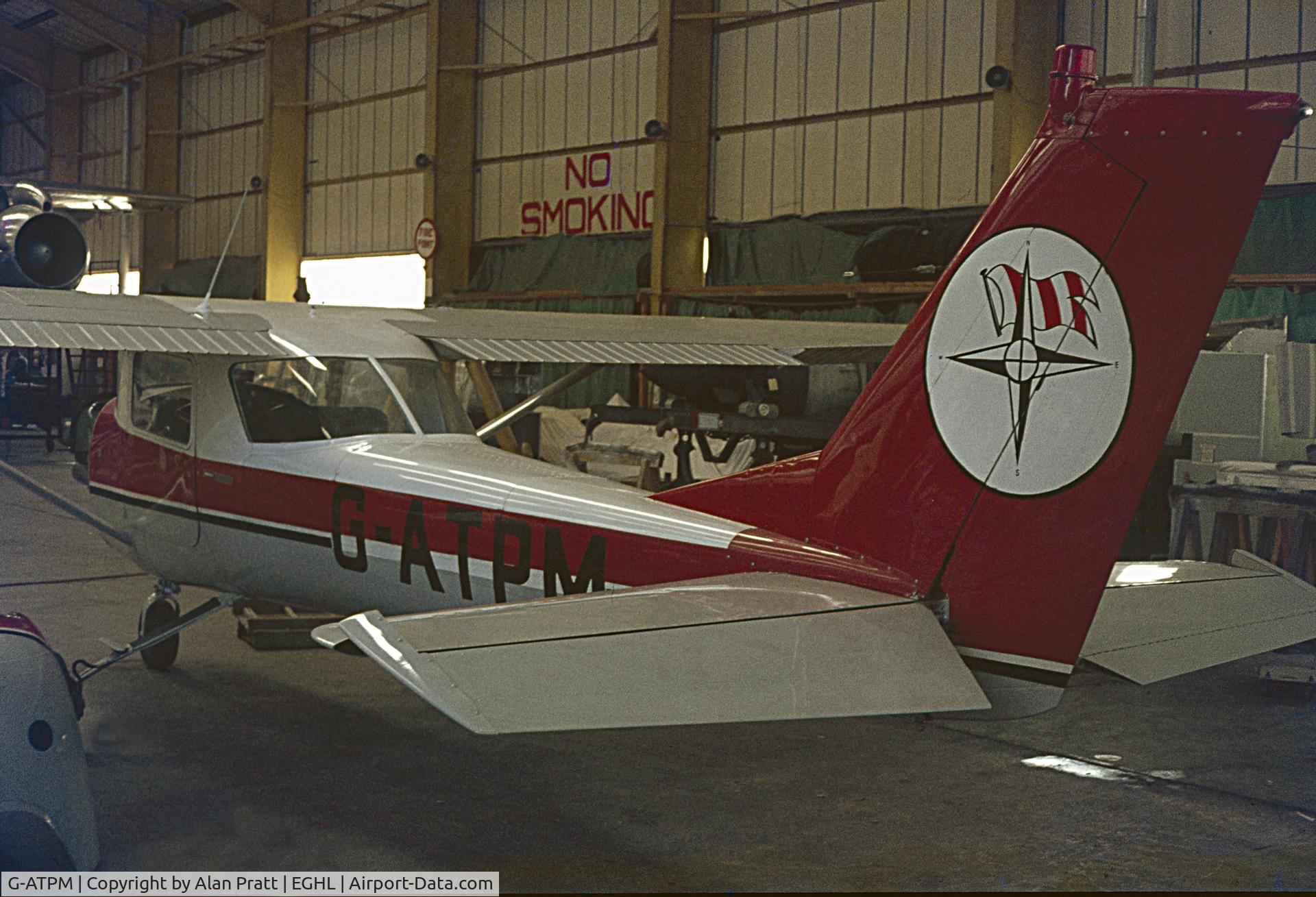 G-ATPM, 1966 Reims Cessna F150F C/N 0062, in the Dan Air maintenance hangar 1970s