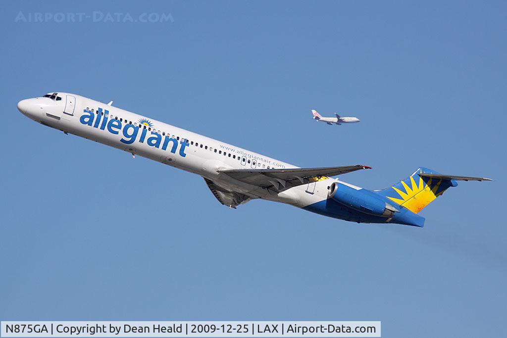 N875GA, 1995 McDonnell Douglas MD-83 (DC-9-83) C/N 53468, Allegiant Air N875GA (FLT AAY328) climbing out from RWY 25R enroute to Rogue Valley Int'l (KMFR), with China Airlines on downwind.