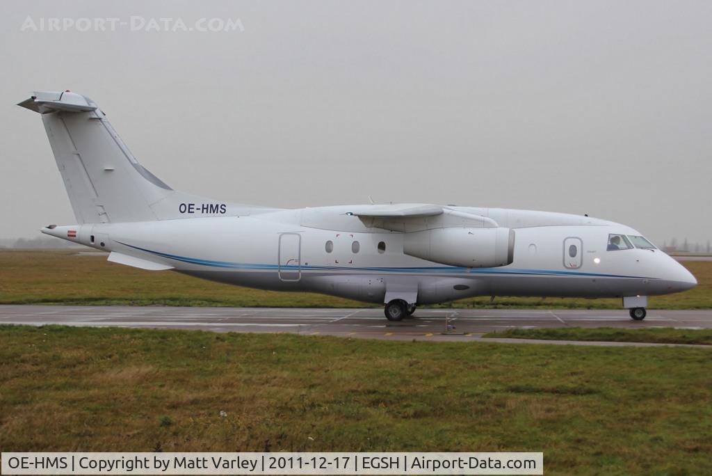 OE-HMS, 1999 Fairchild Dornier 328-300 328JET C/N 3121, About to depart EGSH in snowy conditions.