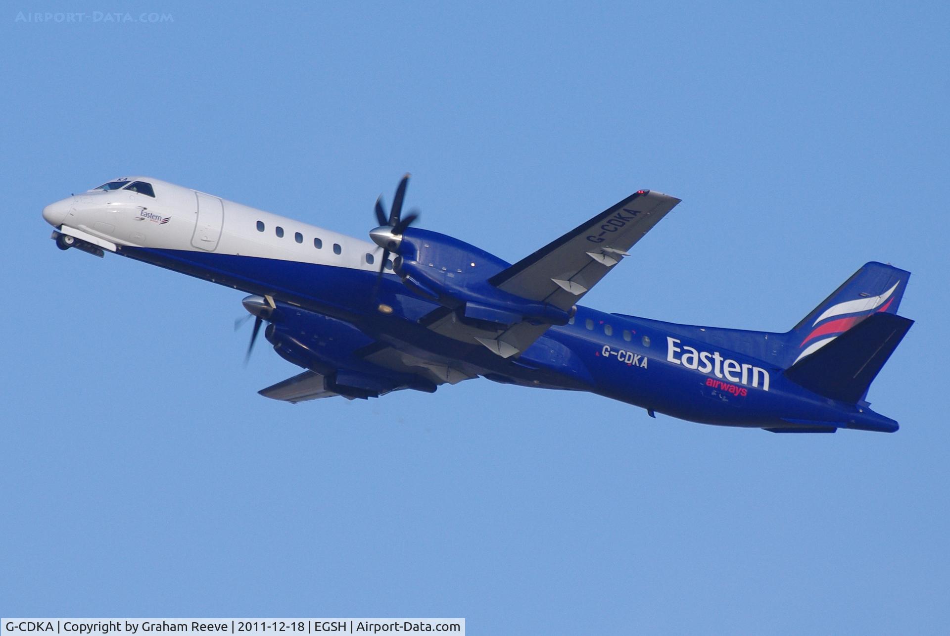 G-CDKA, 1993 Saab 2000 C/N 2000-006, Departing from Norwich.