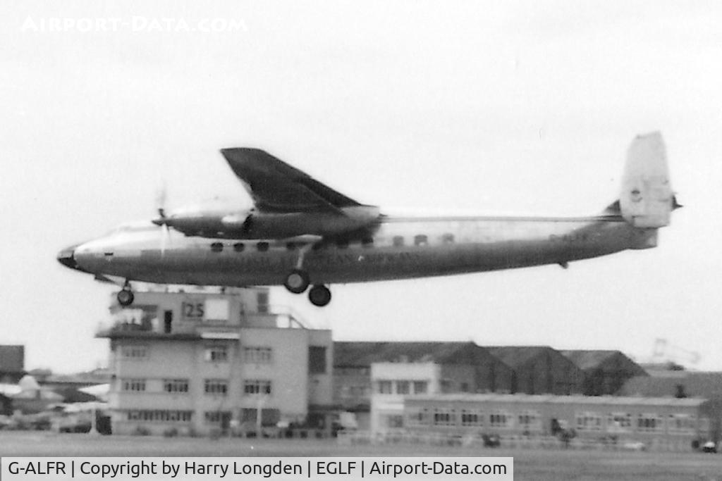 G-ALFR, 1949 Airspeed AS57 Ambassador 2 C/N 5210, A poor but rare image taken at the Farnborough Air Show in 1955. G-ALFR was one of two AS57's ordered by the Ministry of Aircraft Production and was employed as a test-bed for Napier's Eland engine.