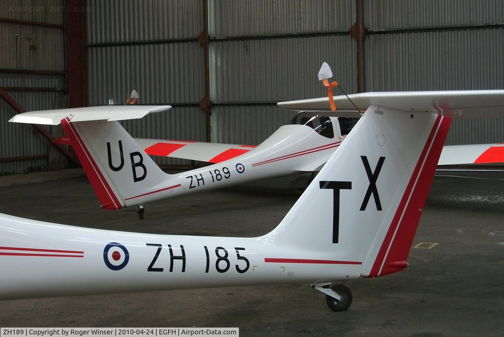 ZH189, Grob G-109B Vigilant T1 C/N 6538, Resident Air Cadets Vigilant motorised gliders of 636 VGS. ZH189 Coded UB hangared with ZH185 Coded TX.