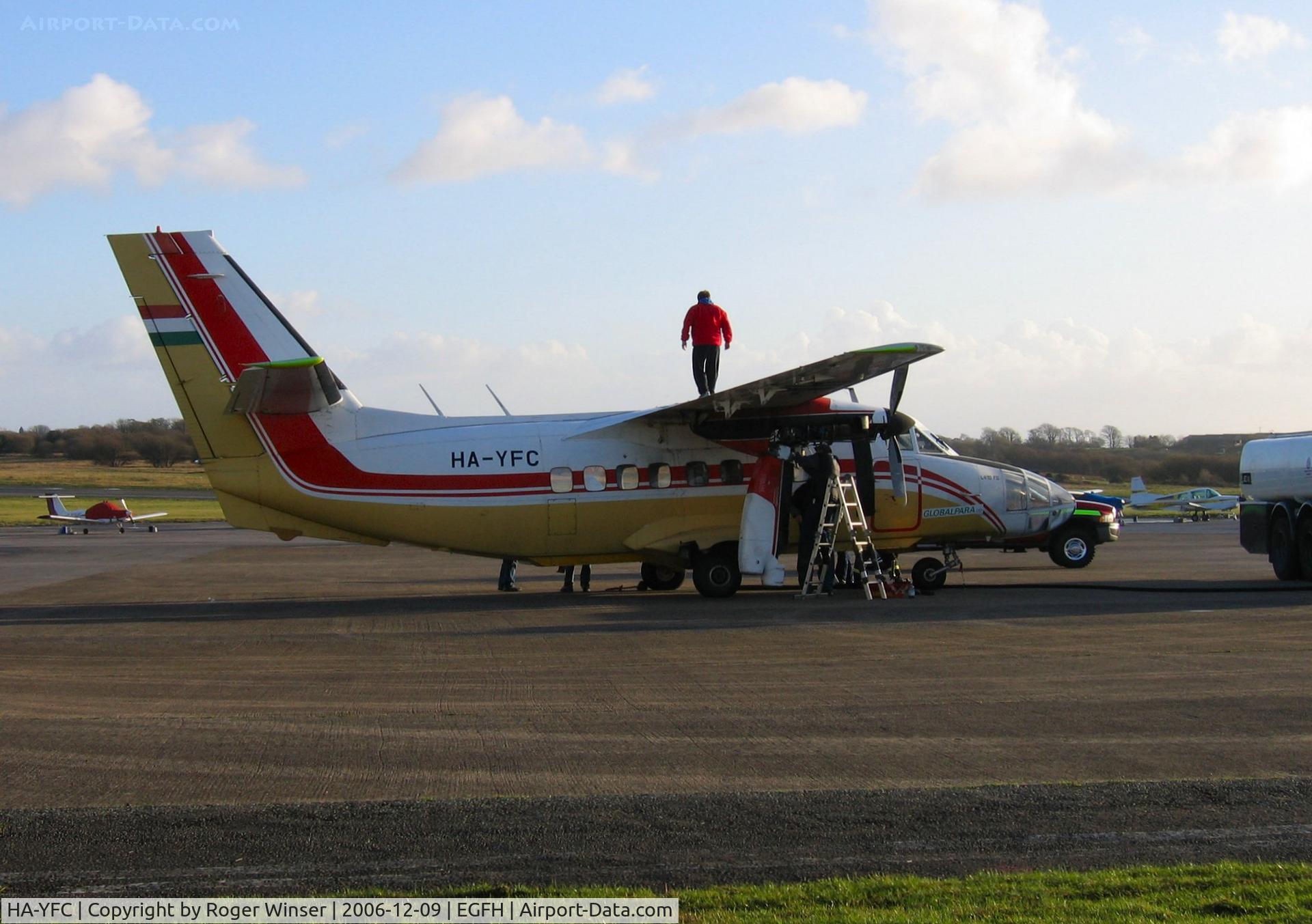 HA-YFC, 1985 Let L-410FG Turbolet C/N 851528, Taking on fuel. Operated by Globalpara for Swansea Skydive.