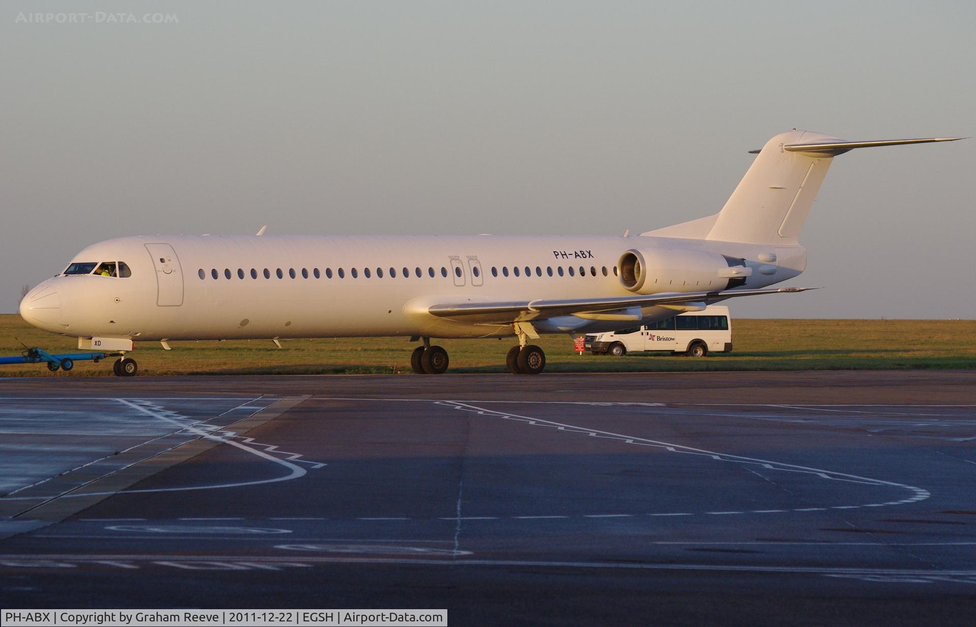 PH-ABX, 1995 Fokker 100 (F-28-0100) C/N 11494, Under tow at Norwich.