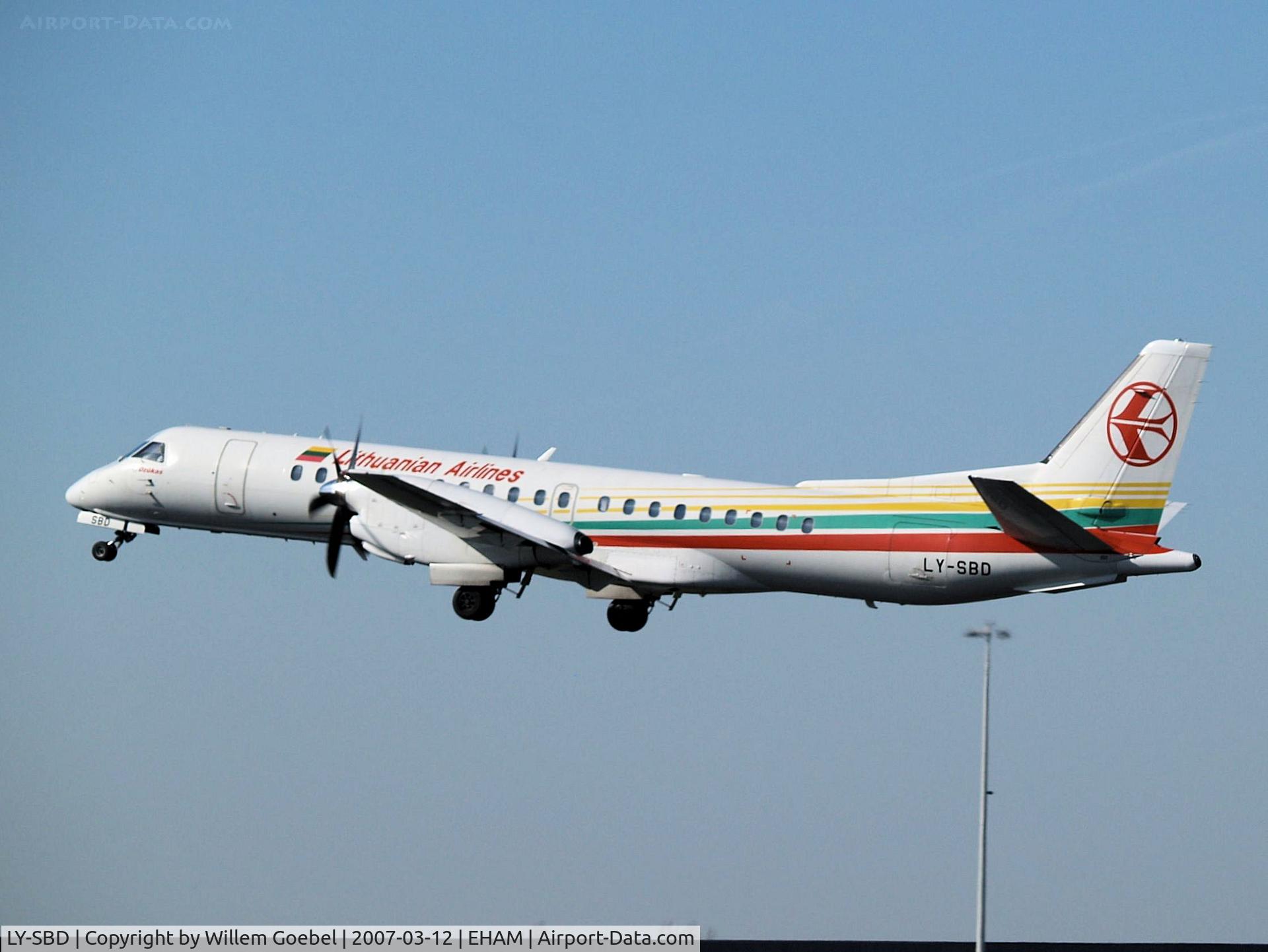 LY-SBD, 1995 Saab 2000 C/N 2000-023, Take off from Amsterdam Airport of runway24