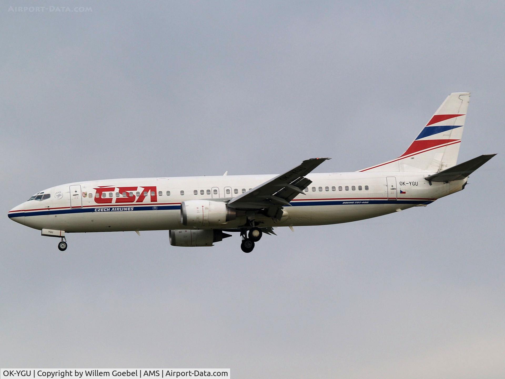 OK-YGU, 1993 Boeing 737-4Q8 C/N 26289, Landing on runway C18 of Amsterdam Airport.