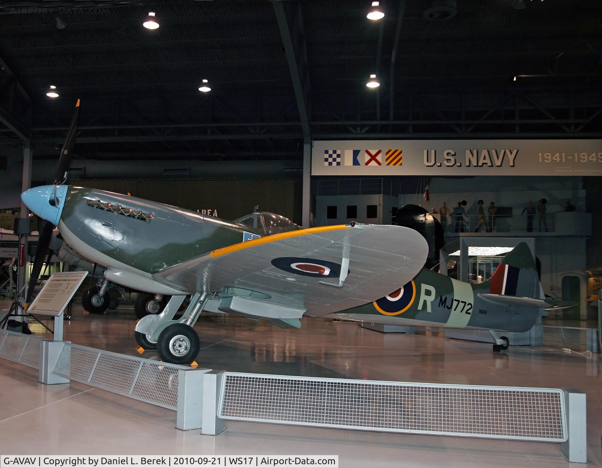 G-AVAV, 1943 Supermarine 361 Spitfire IX C/N CBAF.7269, This British gem is on loan from the Museum of Flight. It served in Ireland and Canada. Note the pointed tail on this version, along with the unusual oil cooler scoop.