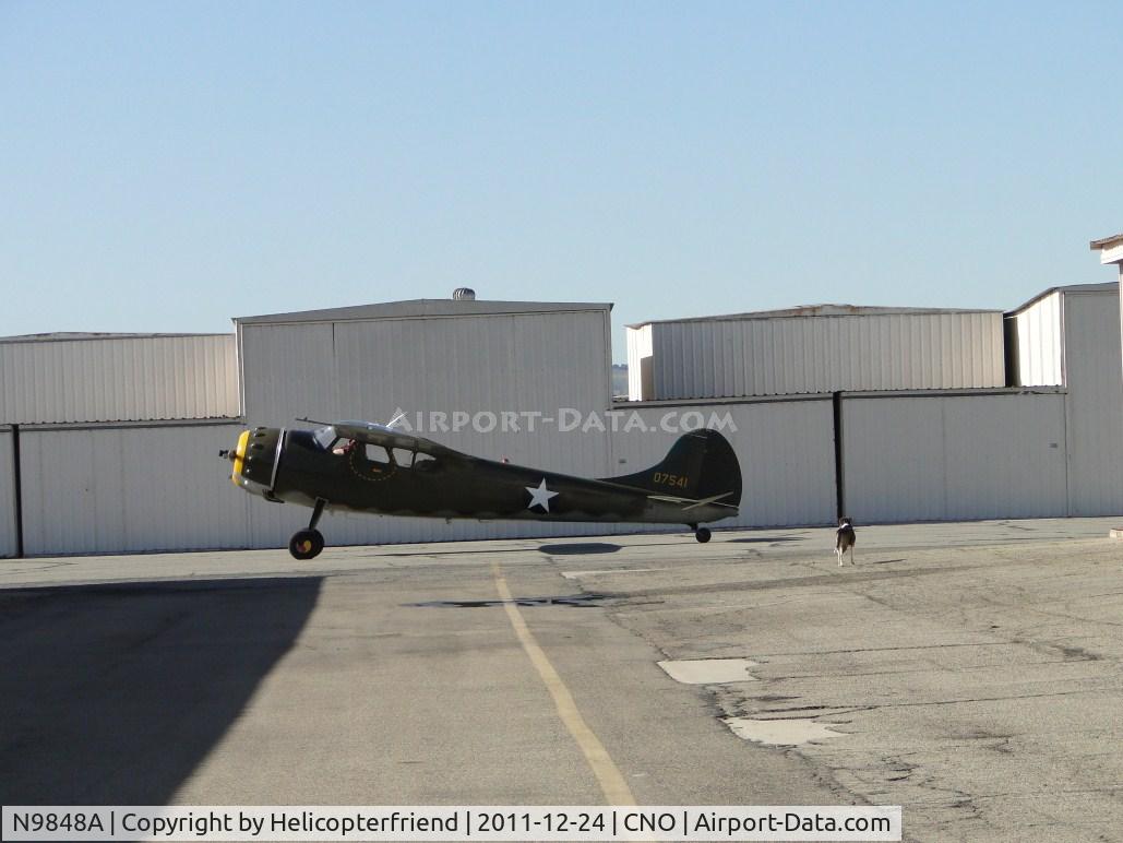 N9848A, 1950 Cessna 190 C/N 7541, Taxiing for take off with a dog watching the movement