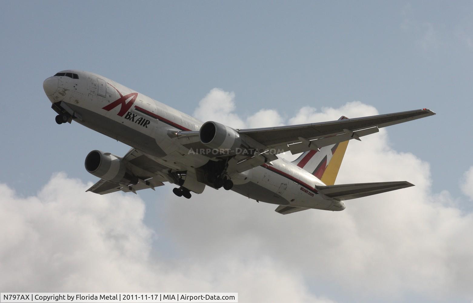 N797AX, 1985 Boeing 767-281 C/N 23147, ABX in need of a paint job departing on Runway 30 by the photo holes