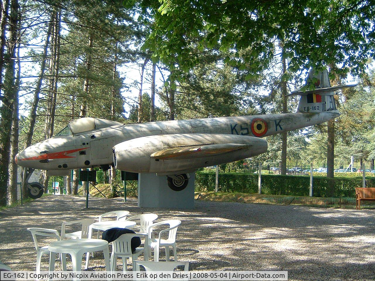 EG-162, Gloster Meteor F.8 C/N 6496, EG-162 is preserved on the terrace of a restuarant near the citadel of Dinant.