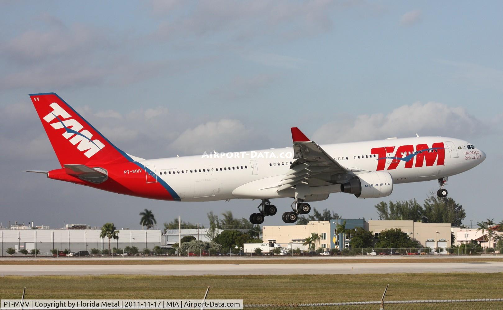 PT-MVV, 2011 Airbus A330-223 C/N 1221, TAM A330 landing Runway 9 by El Dorado Furniture