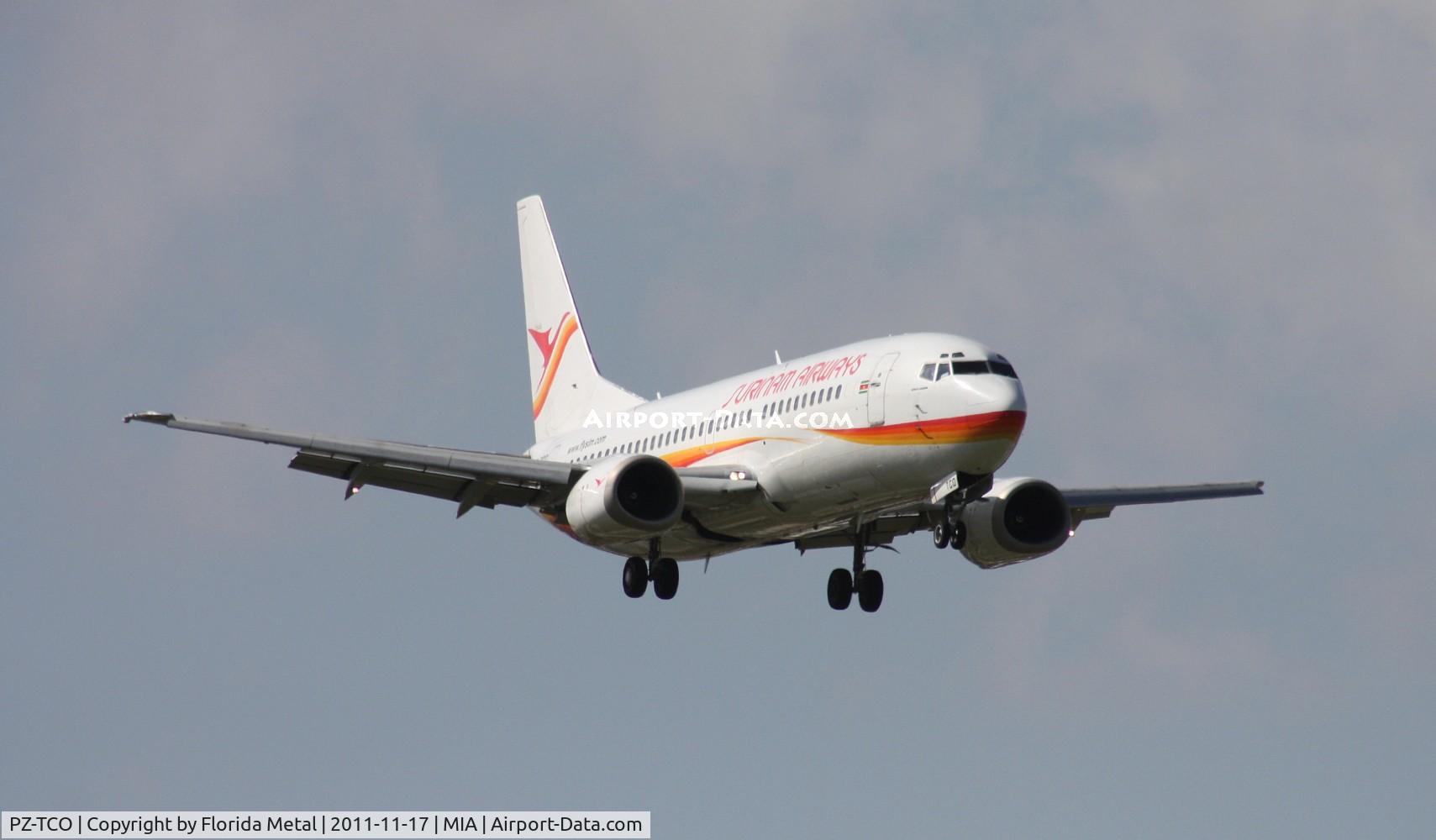 PZ-TCO, 1997 Boeing 737-36N C/N 28669, Surinam 737 landing Runway 9
