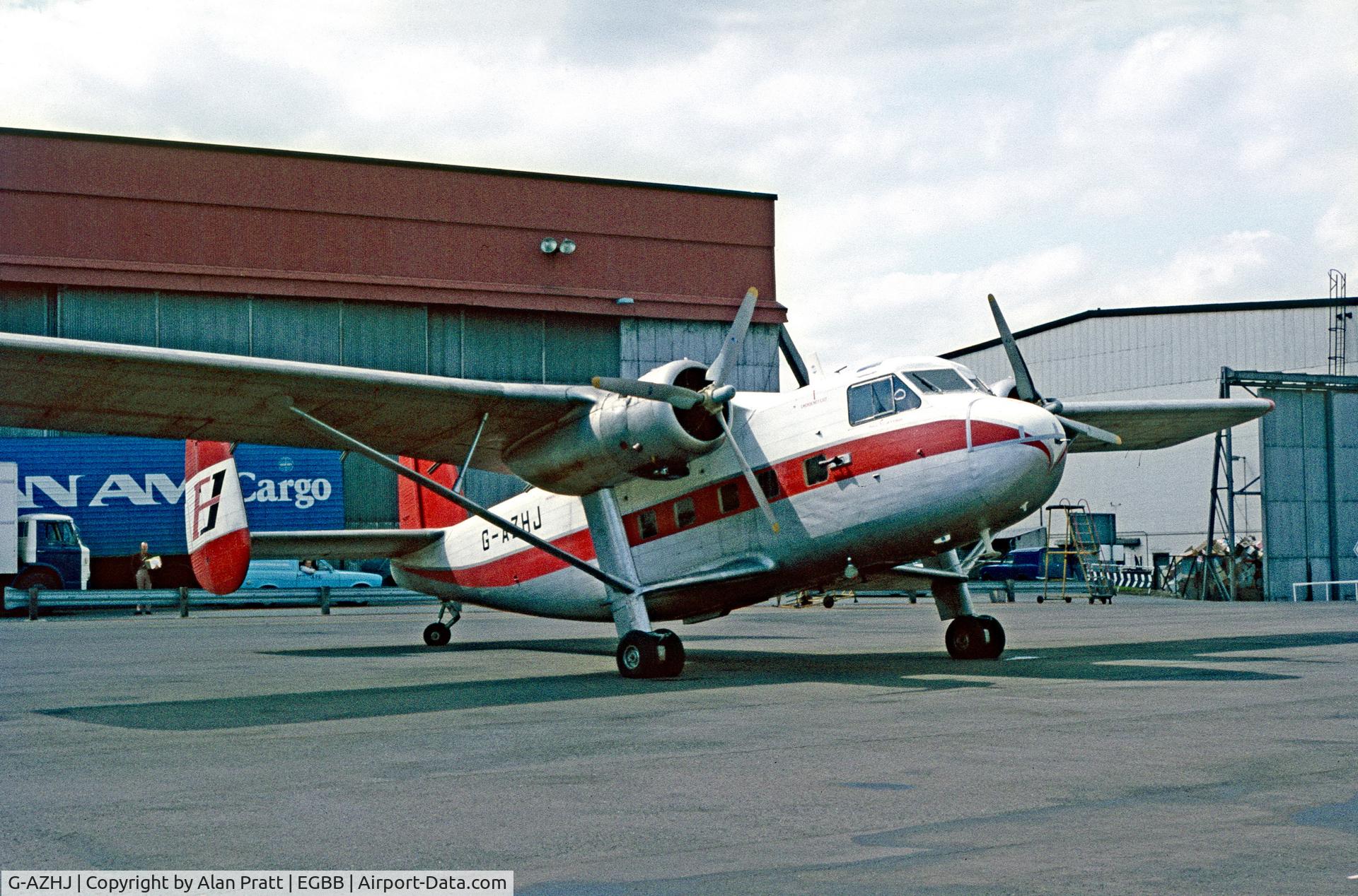 G-AZHJ, 1959 Scottish Aviation Twin Pioneer Srs3 C/N 577, aircraft parked outside maintenance hangars mid 1970`s