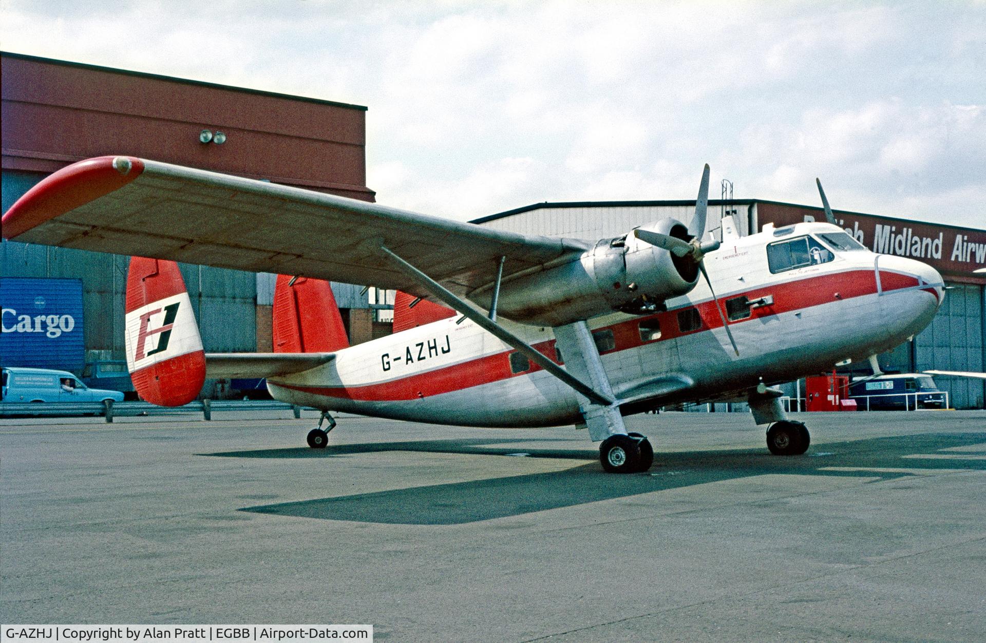 G-AZHJ, 1959 Scottish Aviation Twin Pioneer Srs3 C/N 577, aircraft parked outside maintenance hangars mid 1970`s
