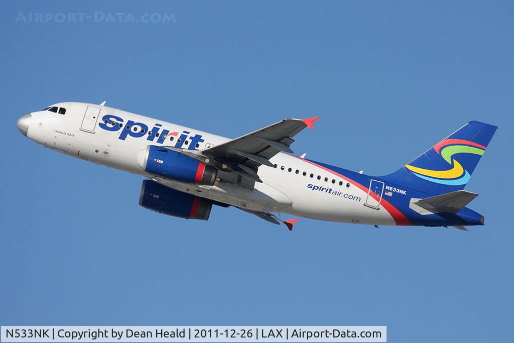 N533NK, 2008 Airbus A319-132 C/N 3393, Spirit Airlines N533NK (FLT NKS360) climbing out from RWY 25R en route to Las Vegas McCarran Intl (KLAS).