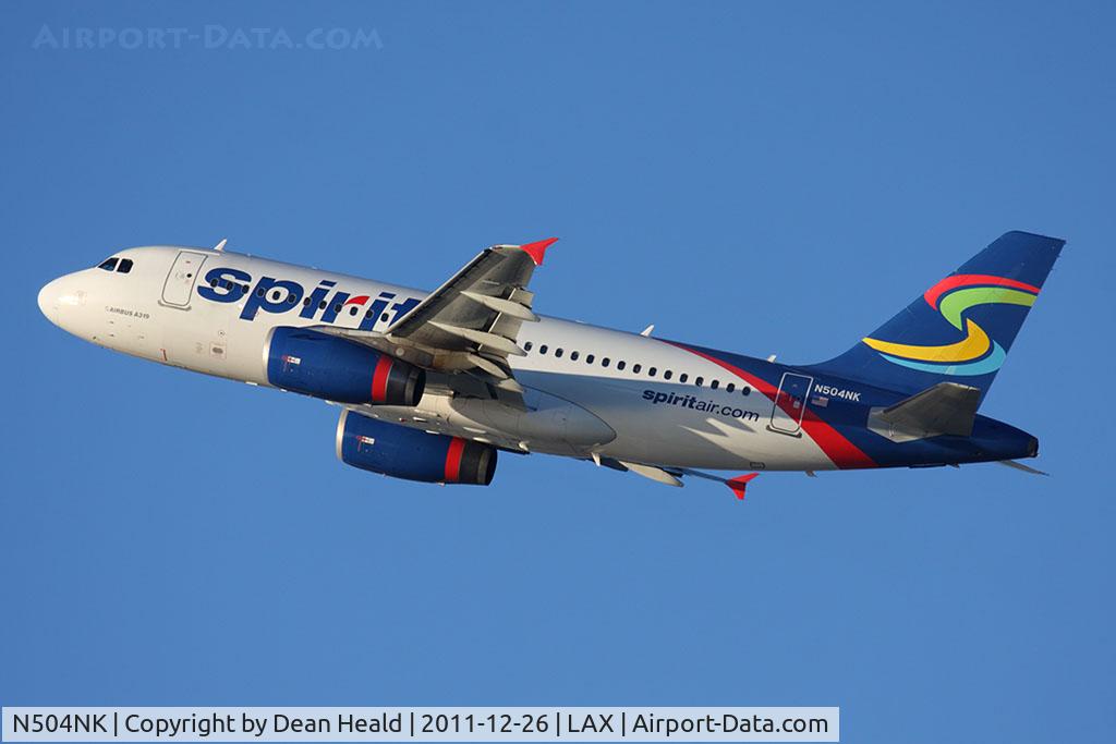 N504NK, 2005 Airbus A319-132 C/N 2473, Spirit Airlines N504NK (FLT NKS388) climbing out from RWY 25R en route to Las Vegas McCarran Intl (KLAS).