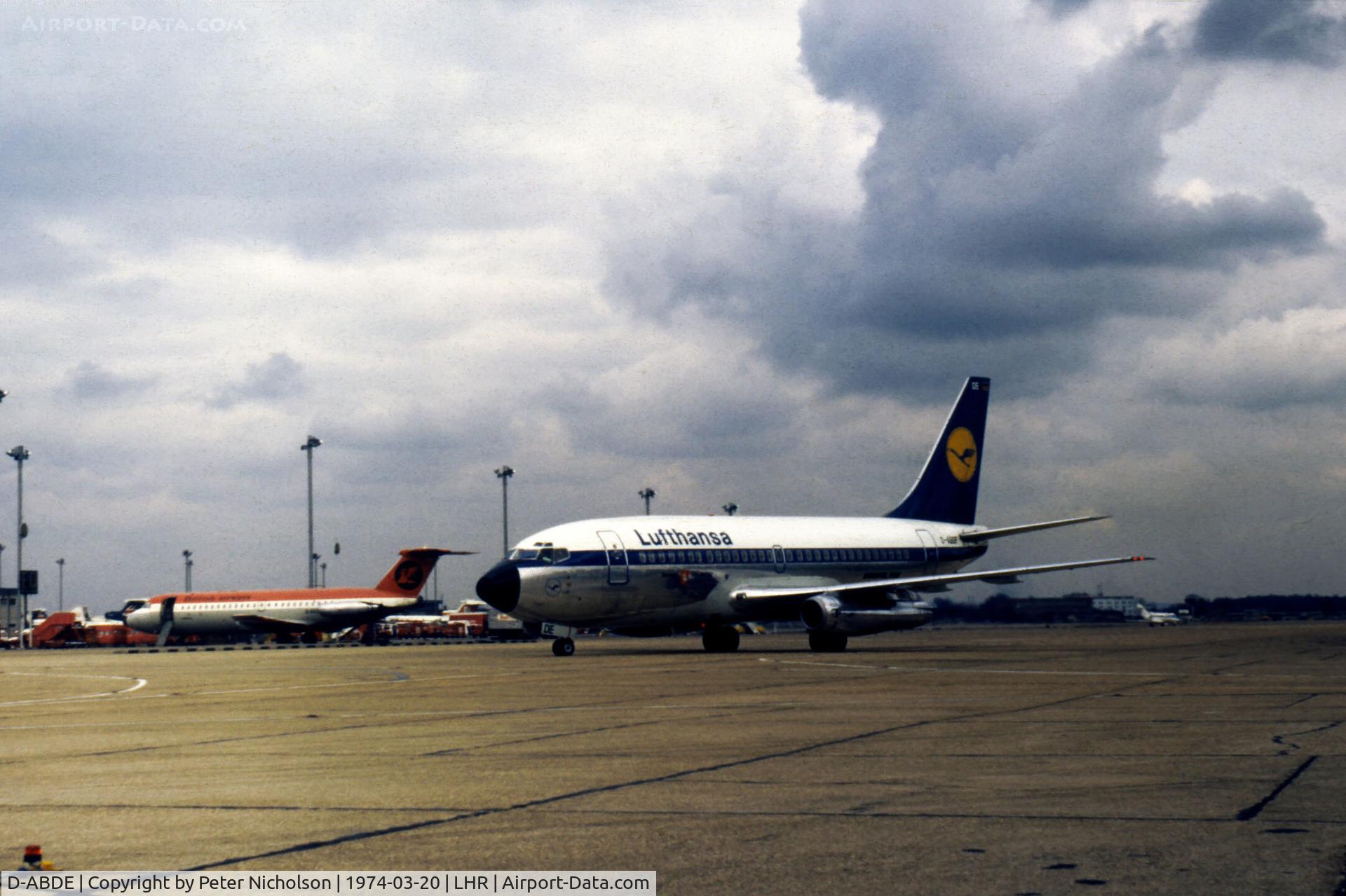 D-ABDE, 1970 Boeing 737-230C C/N 20255, Lufthansa Boeing 737-230C taxying to the terminal at Heathrow in March 1974.