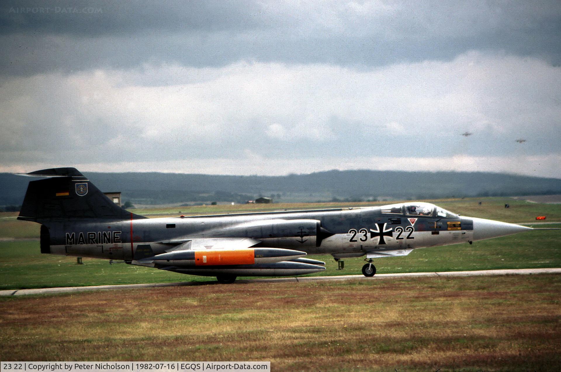 23 22, Lockheed F-104G Starfighter C/N 683-7206, F-104G Starfighter of MFG-2 awaiting clearance to joim the active runway at RAF Lossiemouth in July 1982.