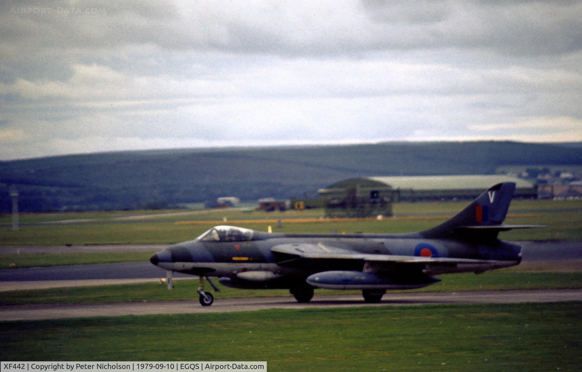 XF442, 1956 Hawker Hunter FGA.9 C/N S4/U/3319, Hunter FGA.9 of 2 Tactical Weapons Unit taxying to the active runway at RAF Lossiemouth in September 1979.