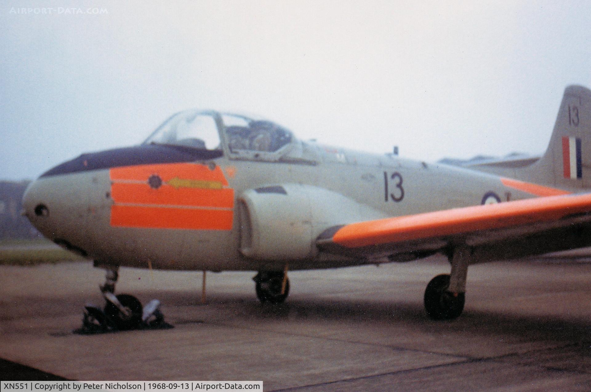 XN551, 1961 Hunting P-84 Jet Provost T.3 C/N PAC/W/11806, Jet Provost T.3 of 3 Flying Training School on display at the 1968 RAF Finningley Battle of Britain Airshow.