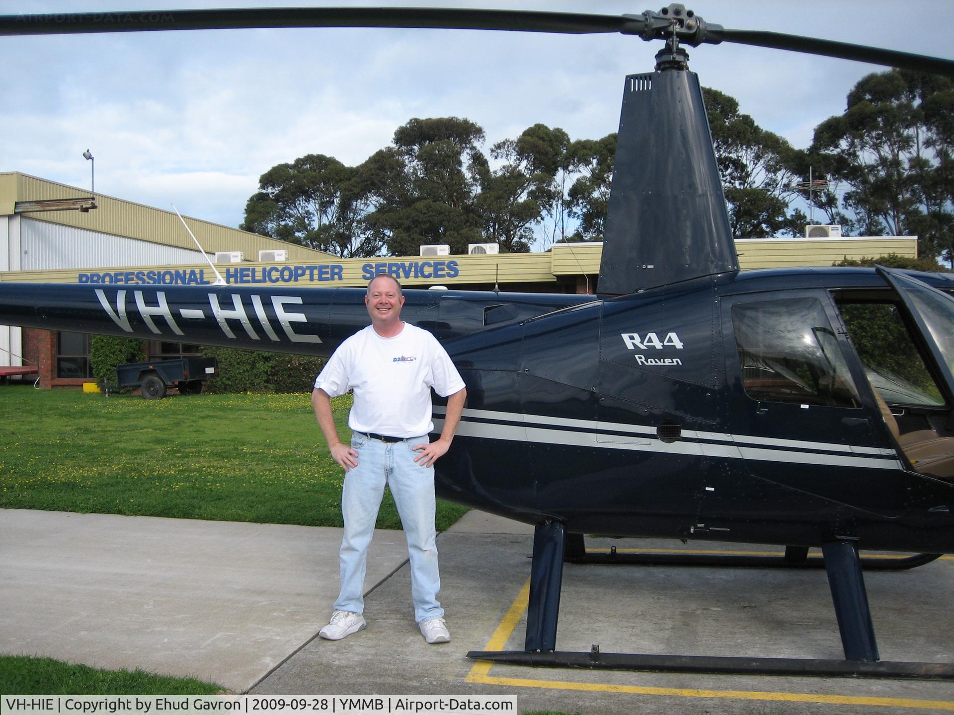 VH-HIE, 2001 Robinson R44 C/N 1112, Did the preflight... but lack of paperwork meant we flew the 206B2 instead... :)  (R44 at Moorabbin)