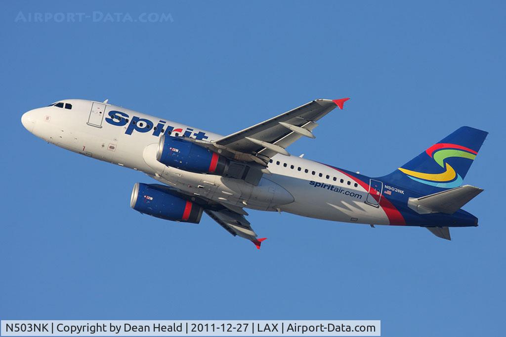 N503NK, 2005 Airbus A319-132 C/N 2470, Spirit Airlines N503NK (FLT NKS388) climbing out from RWY 25R en route to Las Vegas McCarran Int'l (KLAS).