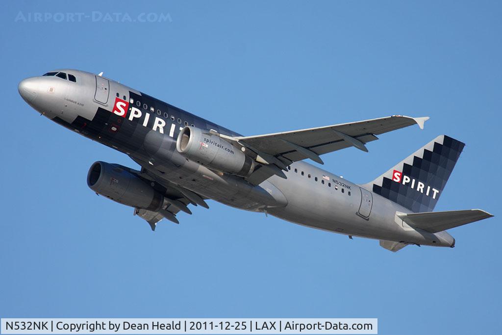 N532NK, 2007 Airbus A319-132 C/N 3165, Spirit Airlines N532NK (FLT NKS360) climbing out from RWY 25R en route to Las Vegas McCarran Int'l (KLAS).