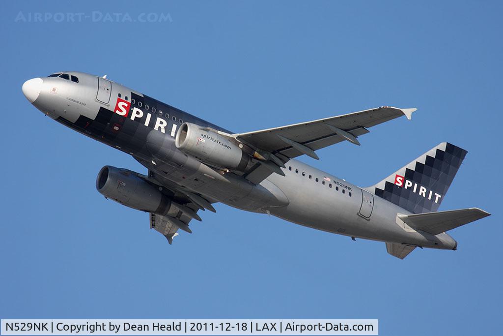 N529NK, 2007 Airbus A319-132 C/N 3007, Spirit Airlines N529NK (FLT NKS360) climbing out from RWY 25R en route to Las Vegas McCarran Int'l (KLAS).
