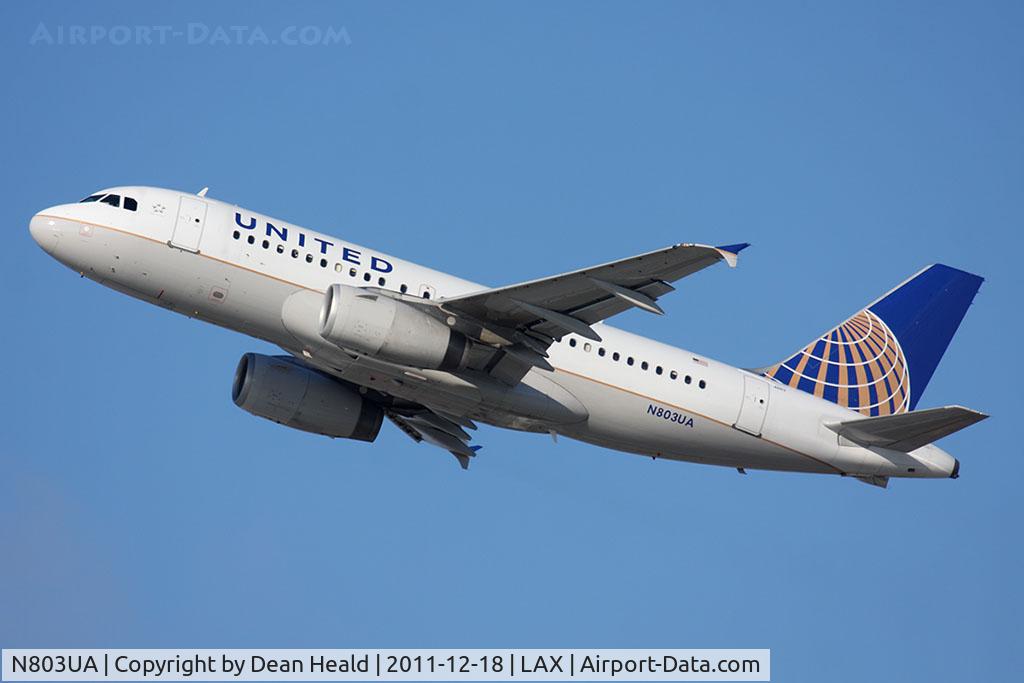 N803UA, 1997 Airbus A319-131 C/N 748, United Airlines N803UA (FLT UAL843) climbing out from RWY 25R en route to Chicago O'Hare Int'l (KORD).