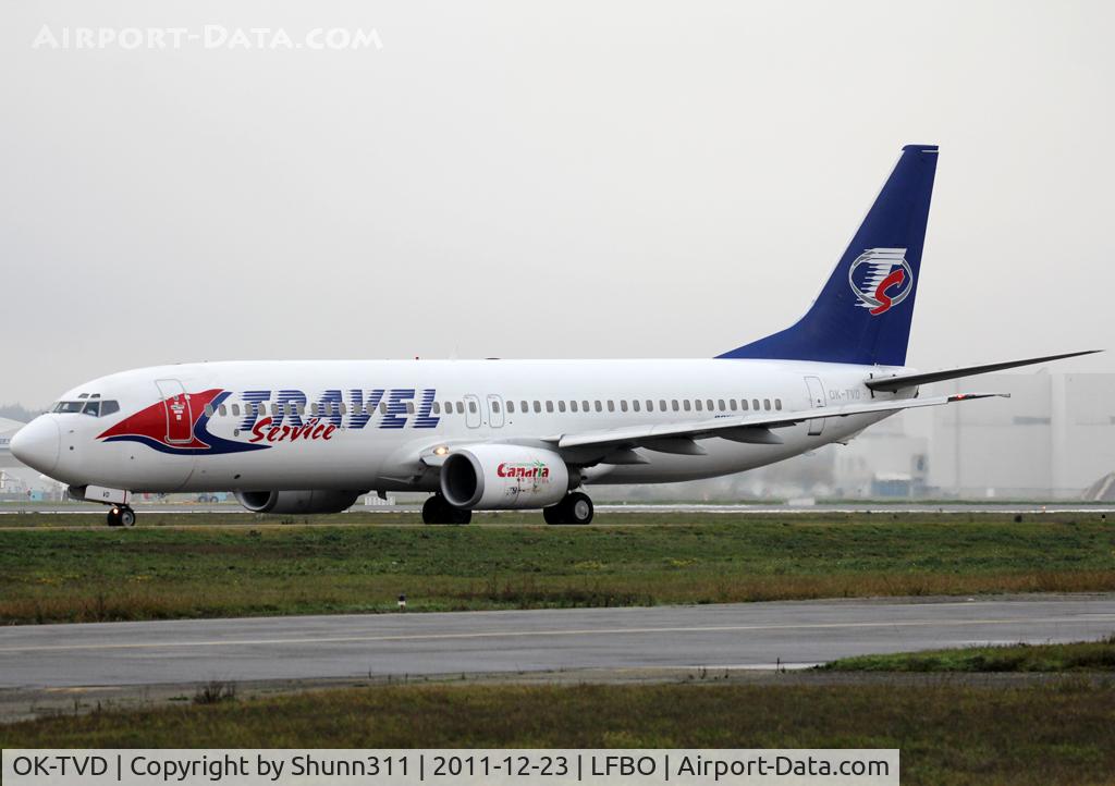 OK-TVD, 1999 Boeing 737-86N C/N 28595, Taxiing holding point rwy 32R for departure... Ex. Prague c/s